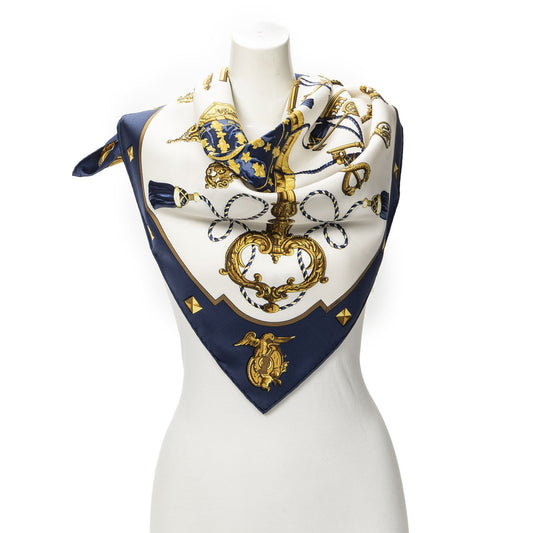 Hermes Scarf Navy Ivory Gold Silk
