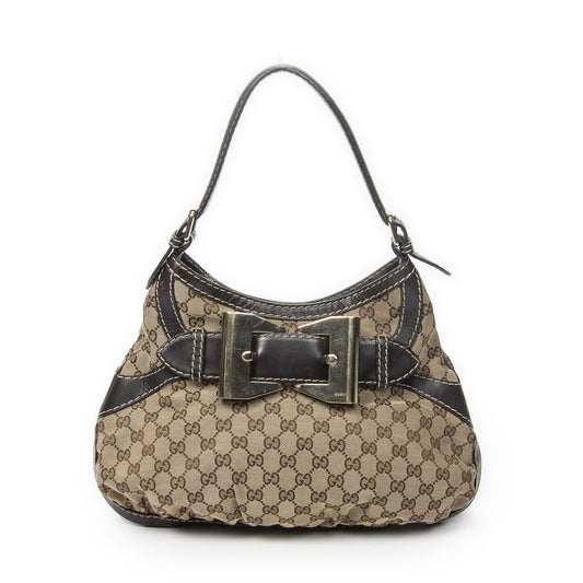 Gucci GG Queen Bow Hobo Beige Brown Canvas