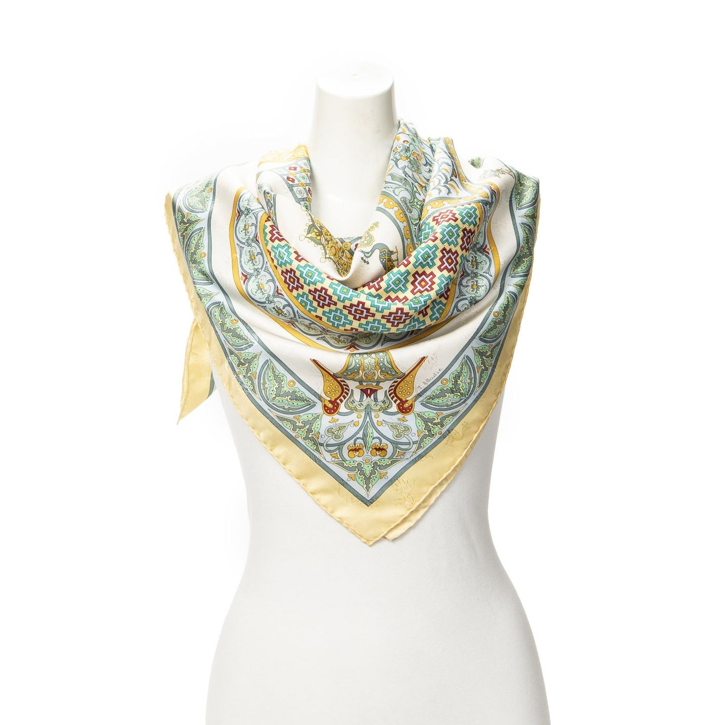 Hermes Scarf Ivory Green 100% Jacquard Silk