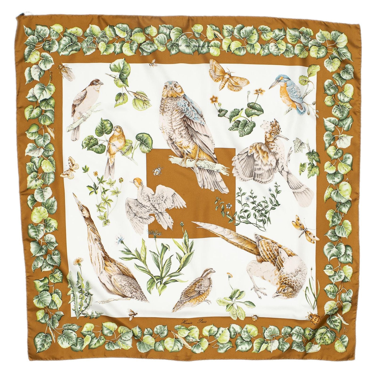 Hermes Scarf Brown Ivory Green Silk — view 2