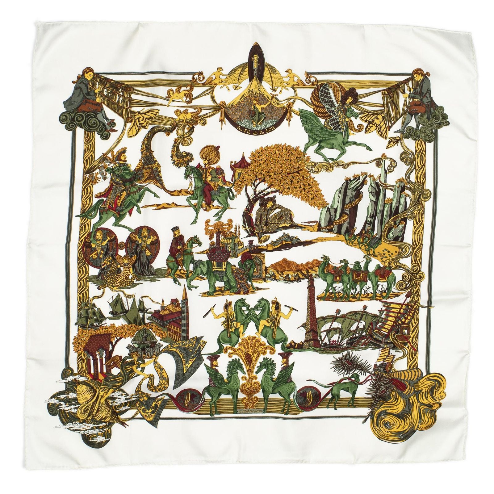 Hermes Scarf Ivory Gold Green Silk — view 2