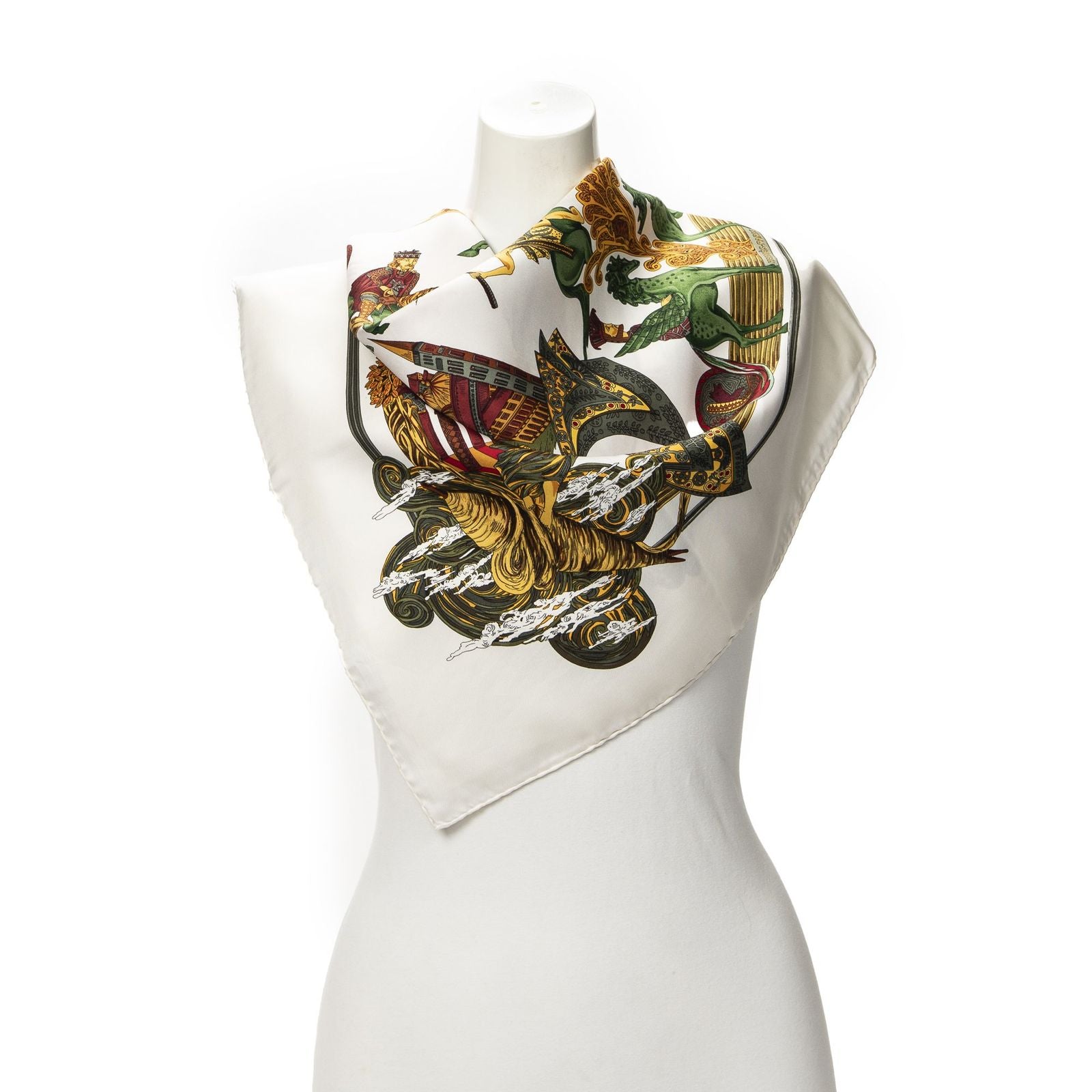 Hermes Scarf Ivory Gold Green Silk