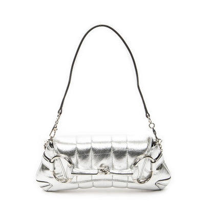 Gucci Small Horsebit Clutch Metallic Silver Calfskin Leather
