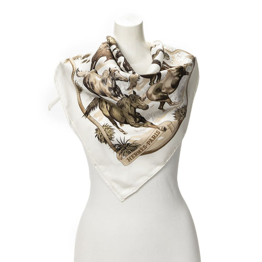Hermes Scarf Ivory Brown Silk
