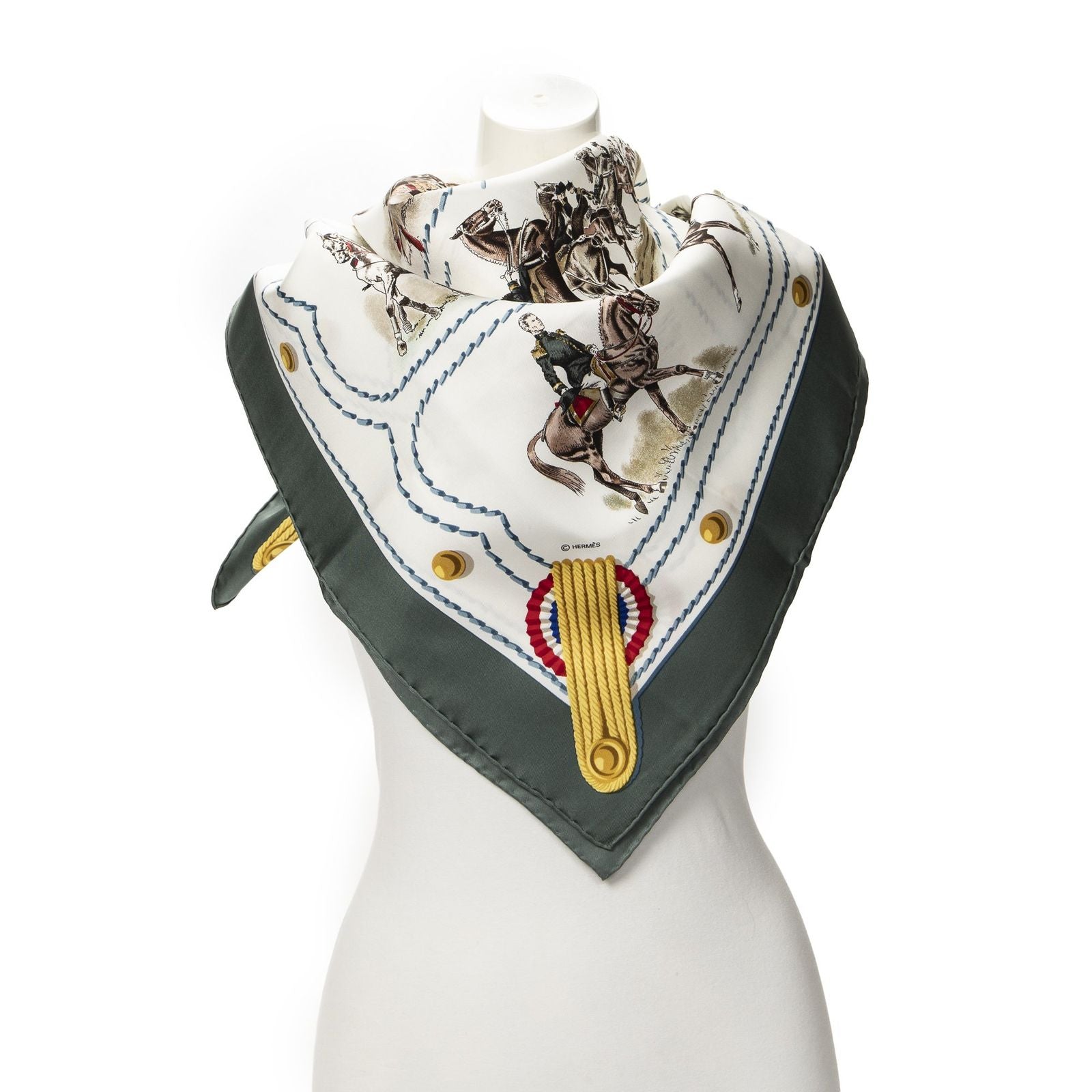 Hermes Scarf Ivory Green Brown Silk