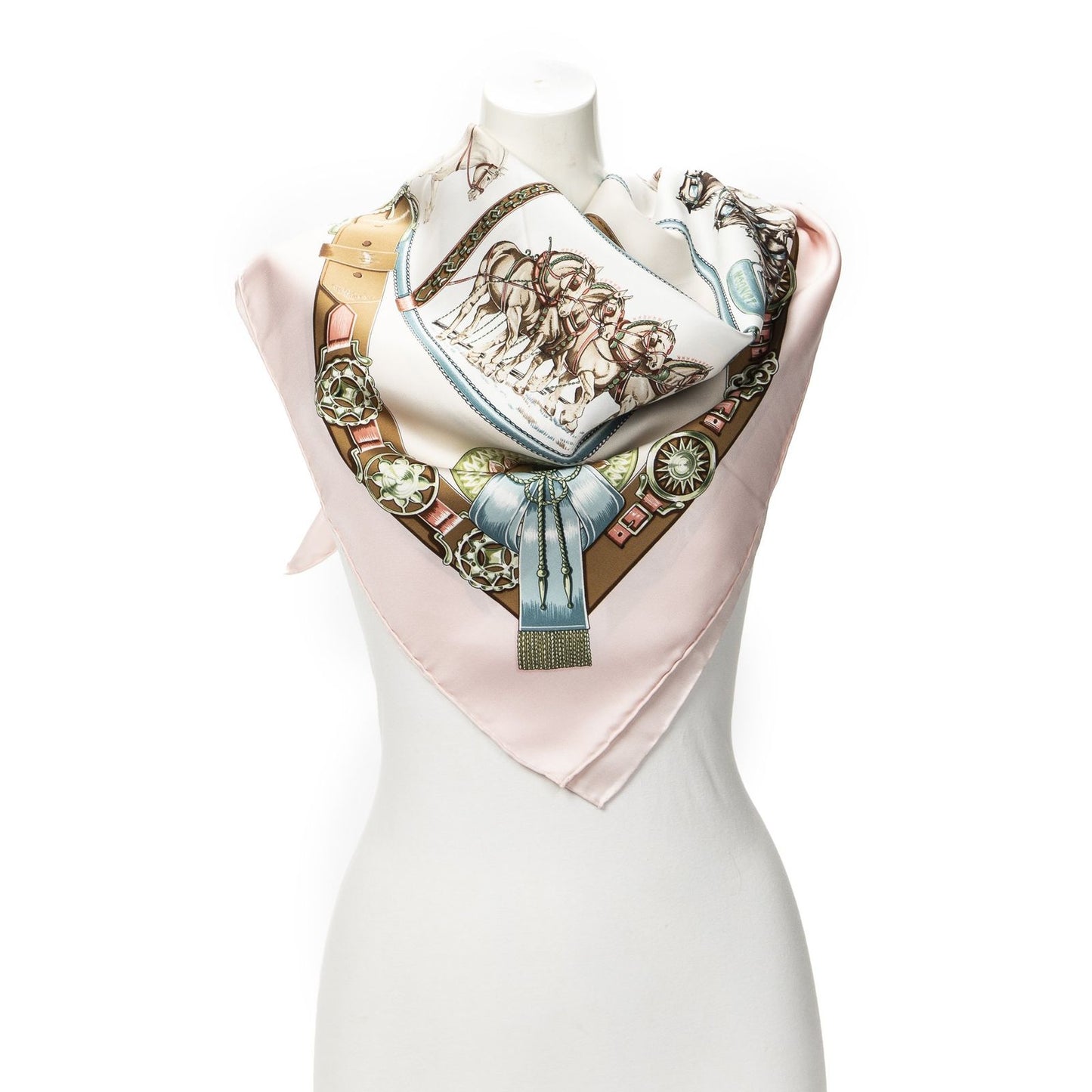 Hermes Scarf Light Pink Brown Ivory Silk