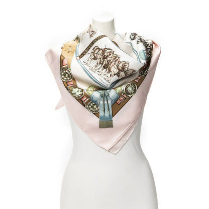 Hermes Scarf Light Pink Brown Ivory Silk