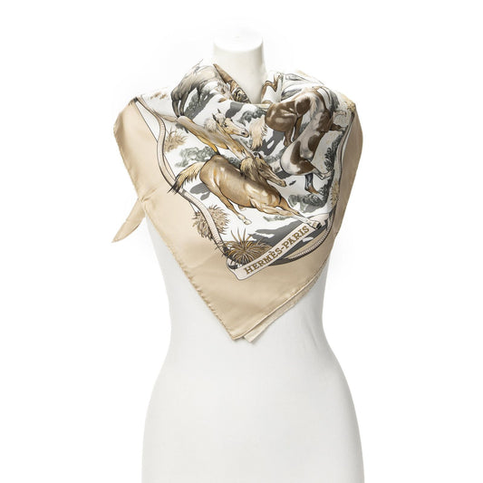 Hermes Scarf Beige Ivory Brown Silk