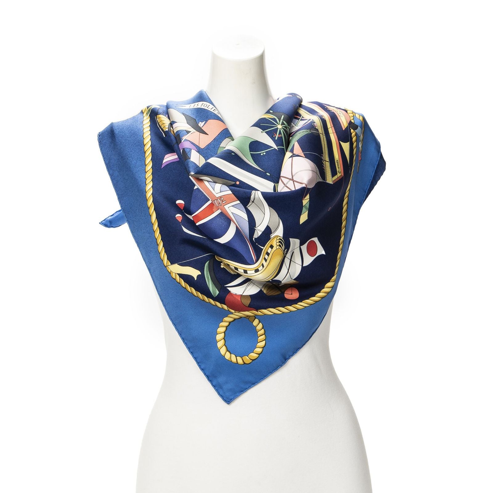 Hermes Scarf Navy Green 100% Gold Twill Silk