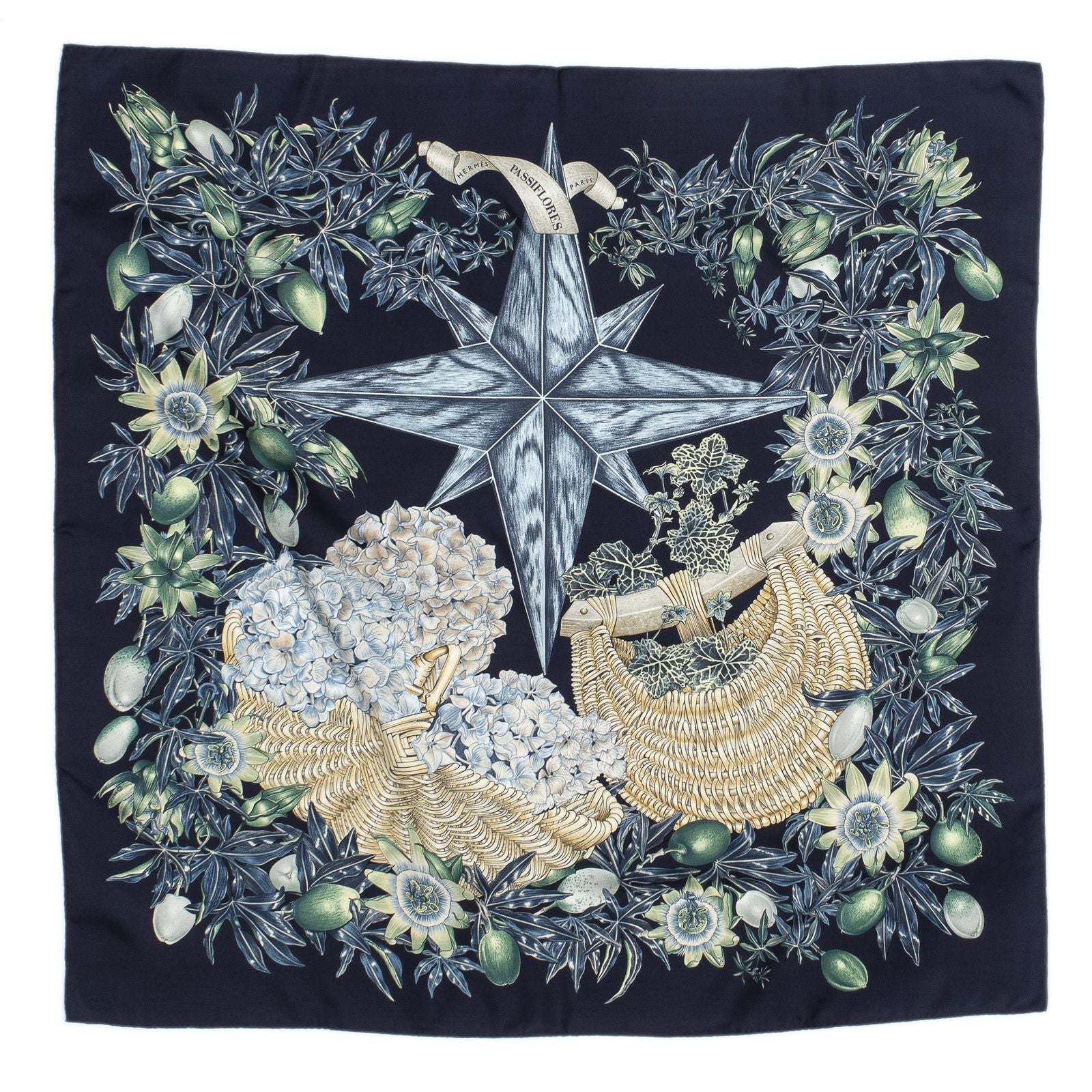 Hermes Scarf Navy Green Beige Silk — view 2