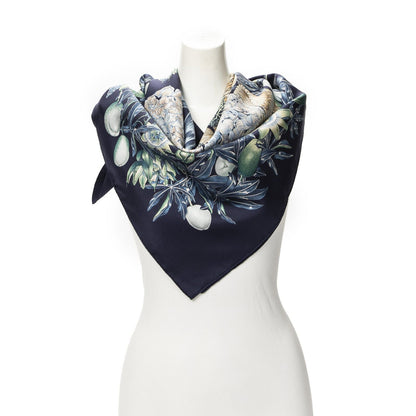 Hermes Scarf Navy Green Beige Silk