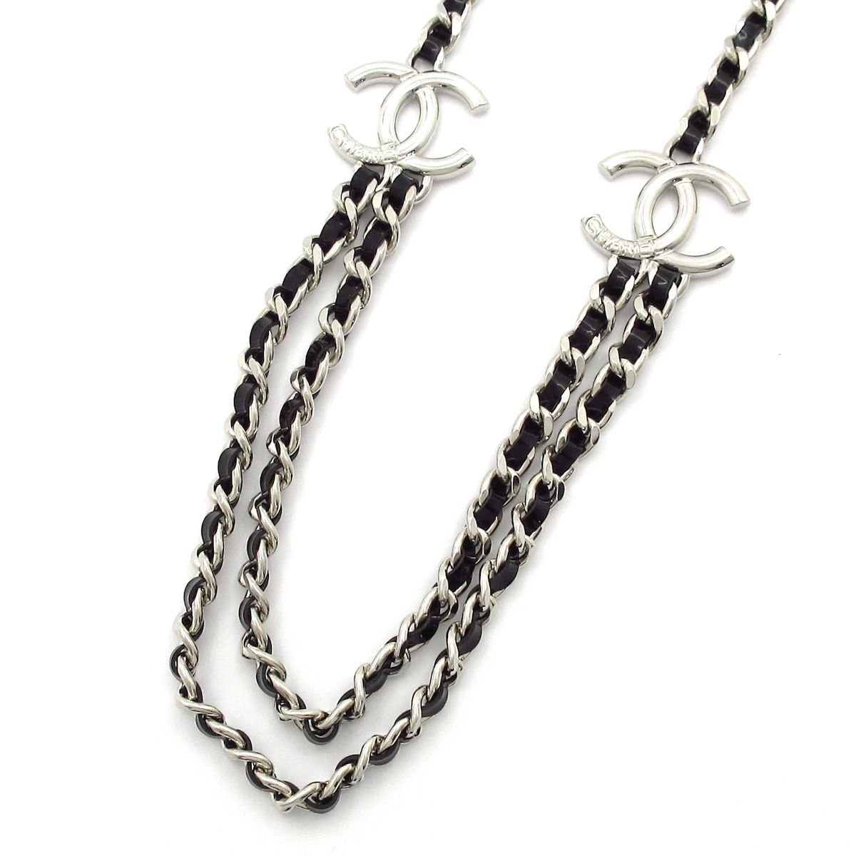 Chanel Necklace CC Logo Leather Silver Black Double Strand
