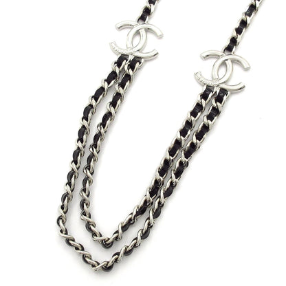 Chanel Necklace CC Logo Leather Silver Black Double Strand