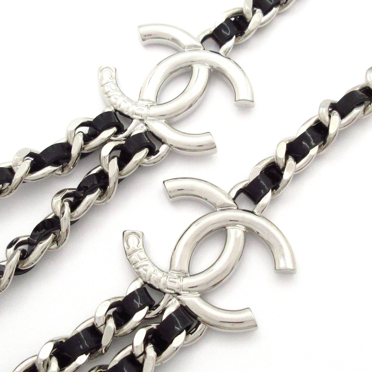 Chanel Necklace CC Logo Leather Silver Black Double Strand — view 7