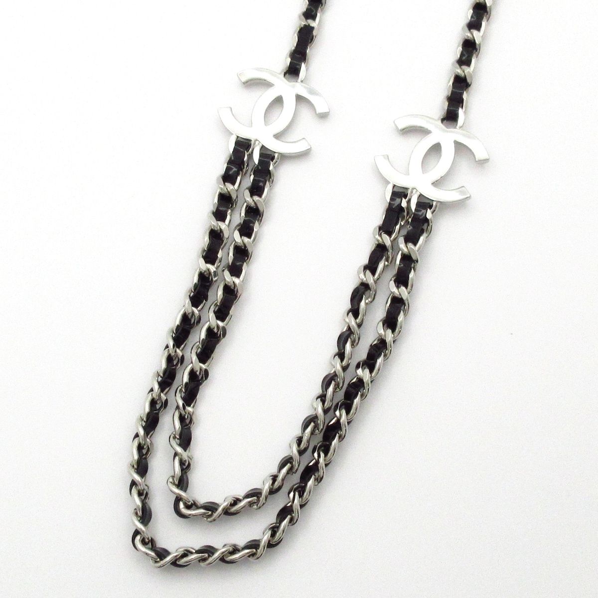 Chanel Necklace CC Logo Leather Silver Black Double Strand — view 3
