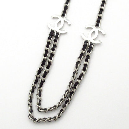 Chanel Necklace CC Logo Leather Silver Black Double Strand — view 3