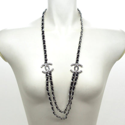 Chanel Necklace CC Logo Leather Silver Black Double Strand — view 2