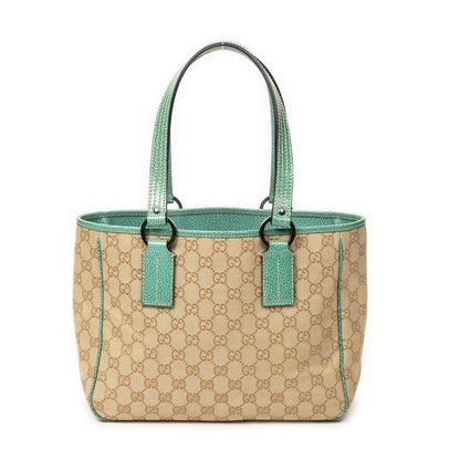Gucci Small Shoulder Tote Teal Beige GG Canvas — view 5