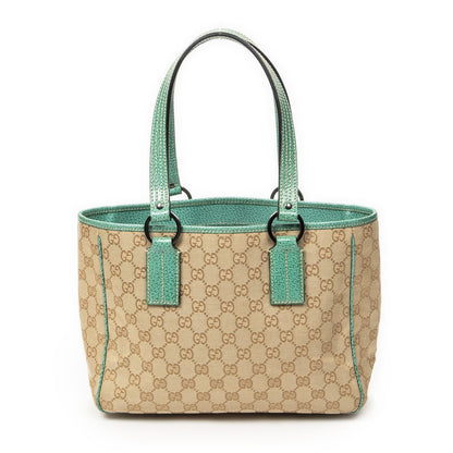 Gucci Small Shoulder Tote Teal Beige GG Canvas
