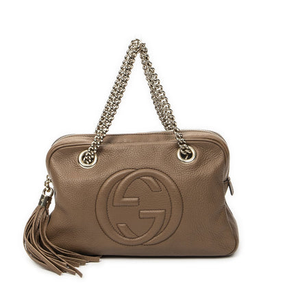 Gucci Soho Chain Bowla Bag Brown Gray Calfskin Leather