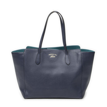 Gucci Swing Tote Navy Teal Gray Calfskin Leather