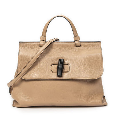 Gucci Midi Amfloral Bamboo Top Handle Beige Gray Calfskin Leather
