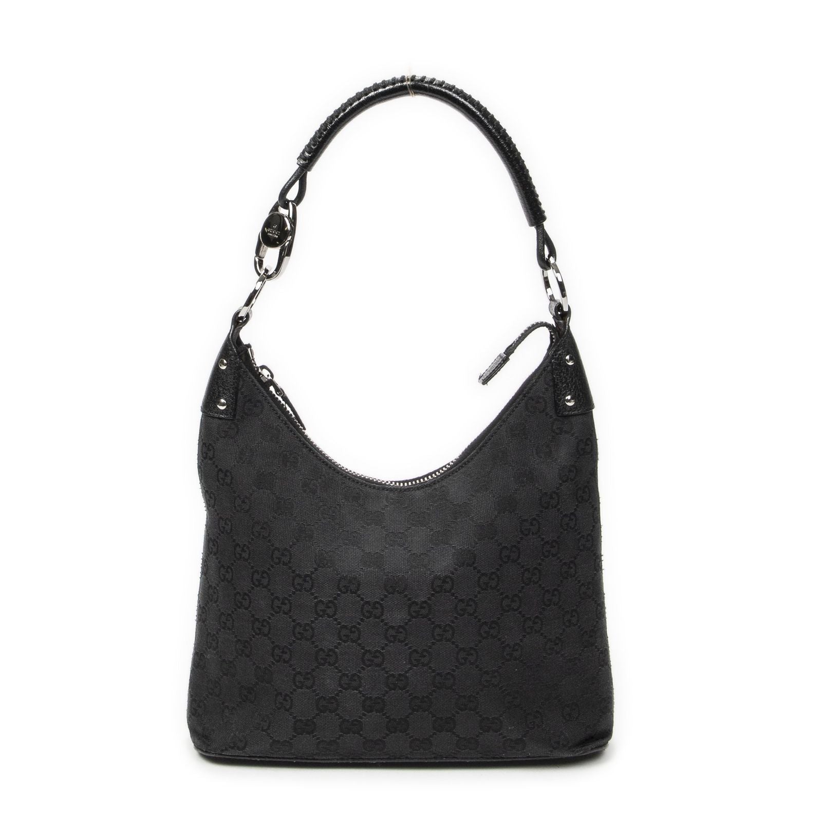Gucci Ring Handle Zip Hobo Black GG Canvas