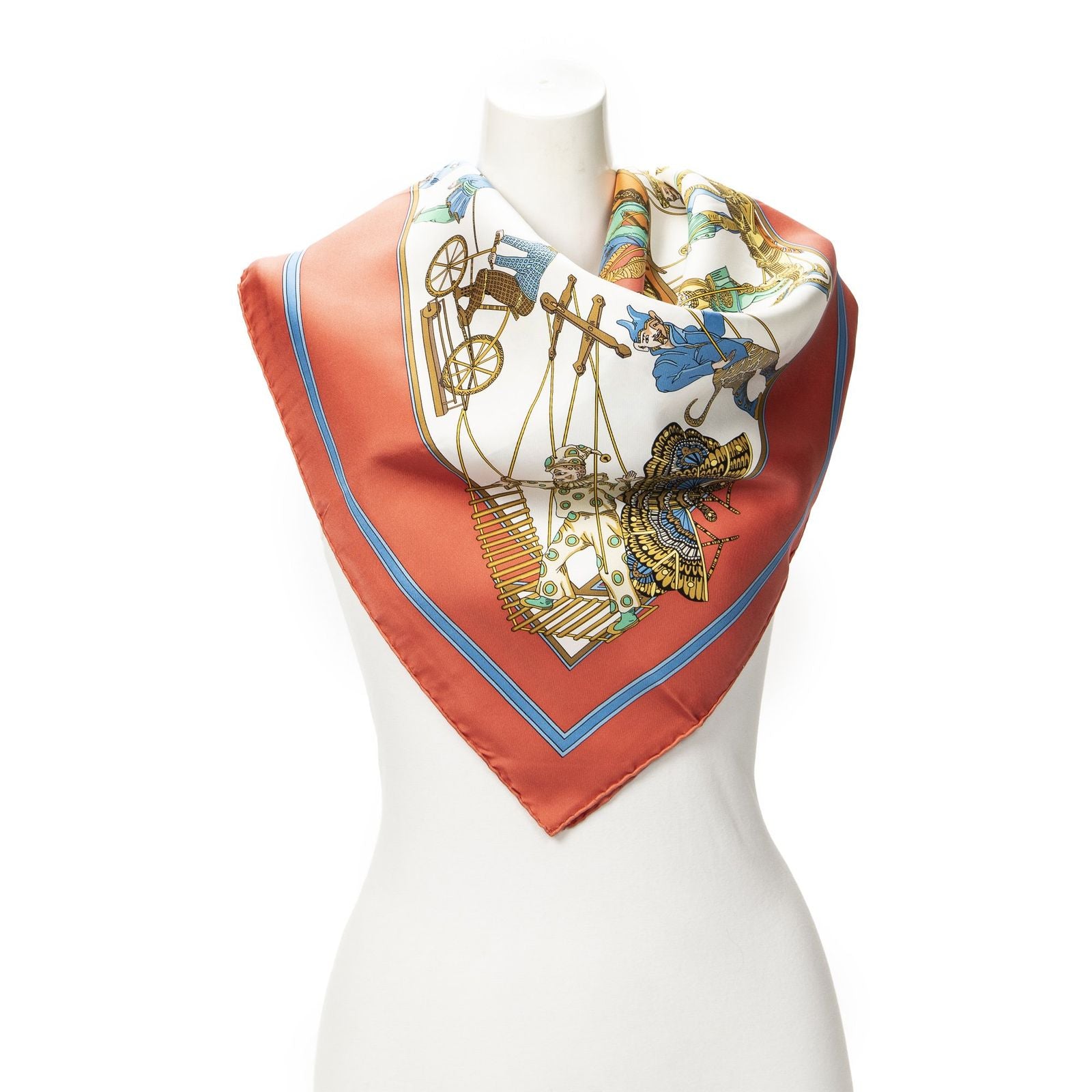 Hermes Scarf Red Ivory Blue Silk