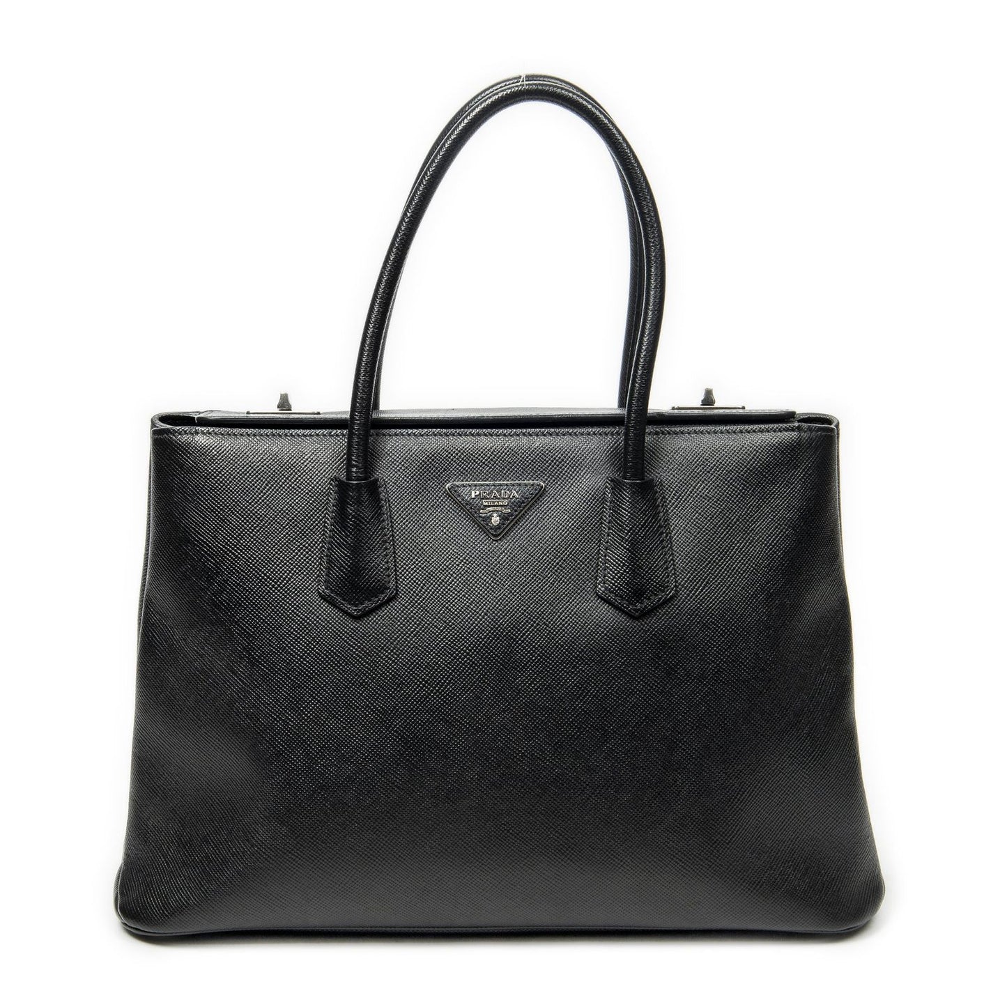 Prada Leather Turnlock Twin Tote Black Saffiano