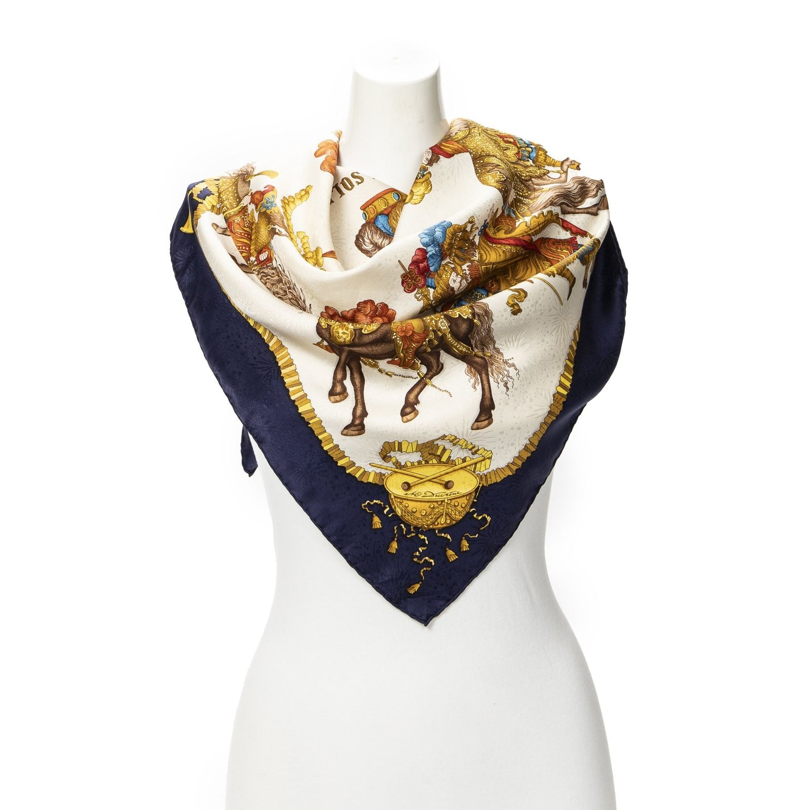 Hermes Scarf Navy Beige 100% Gold Jacquard Silk