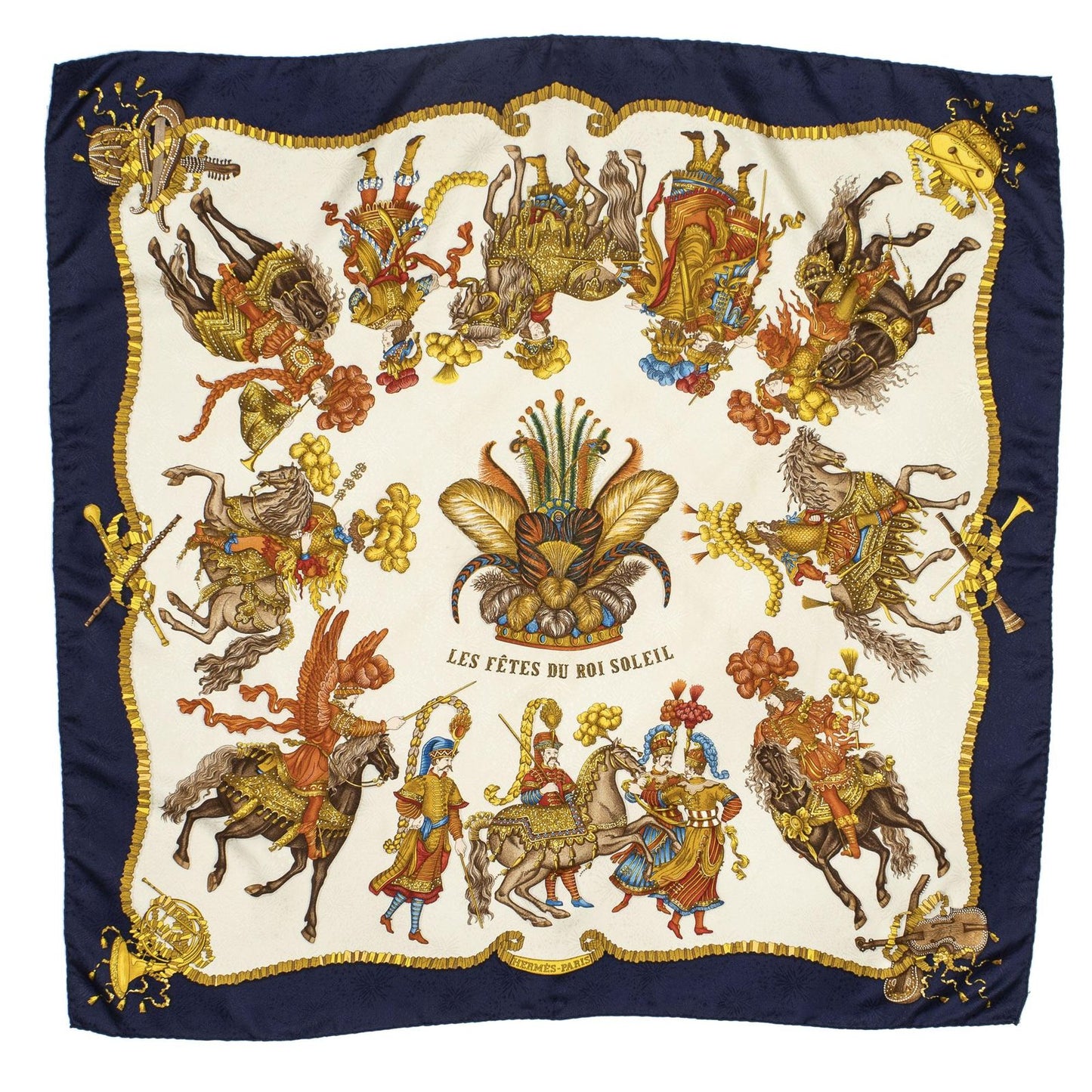 Hermes Scarf Navy Beige 100% Gold Jacquard Silk — view 2