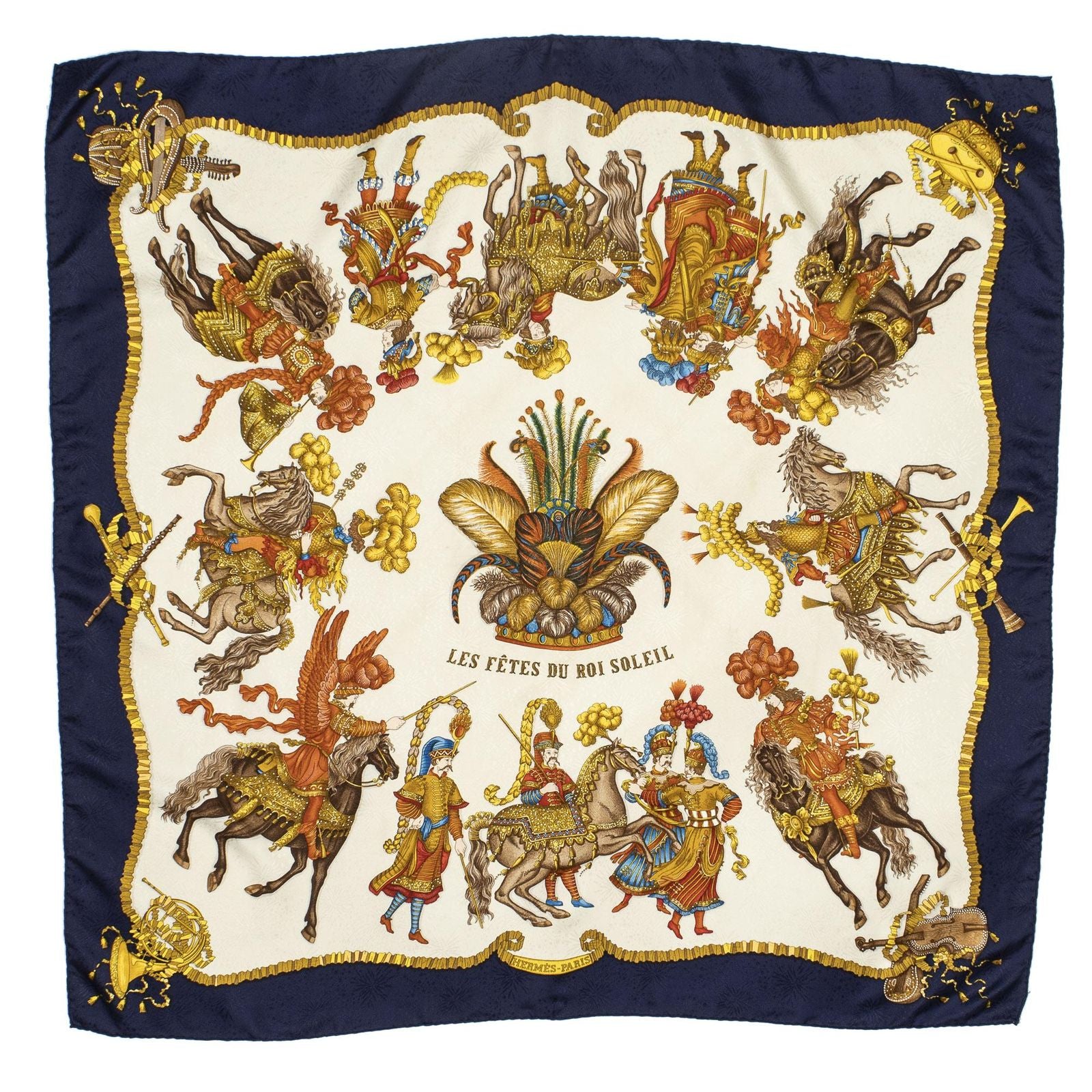 Hermes Scarf Navy Beige 100% Gold Jacquard Silk — view 2