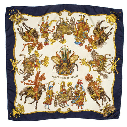 Hermes Scarf Navy Beige 100% Gold Jacquard Silk — view 2