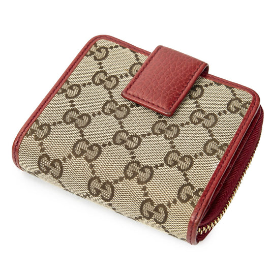 Gucci Compact Zip Bifold Wallet Red Beige GG Canvas
