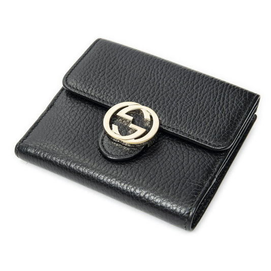 Gucci Interlocking Compact French Wallet Black Gray Calfskin Leather
