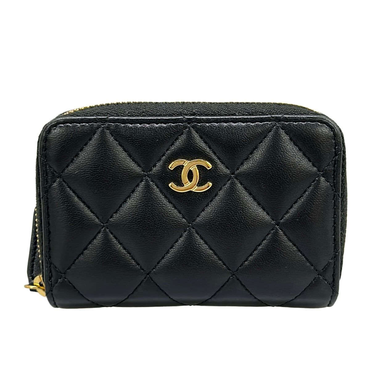 Chanel Coin Case Quilted Black Gold CC Logo Zip Around Lambskin