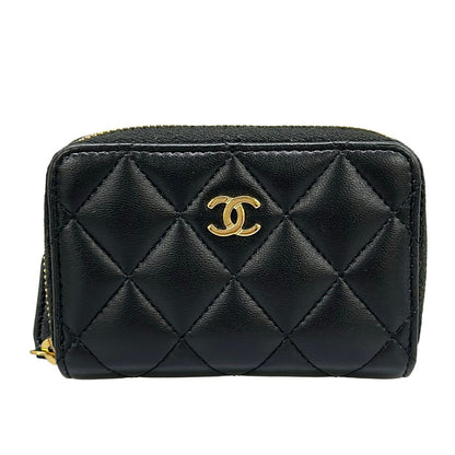 Chanel Coin Case Quilted Black Gold CC Logo Zip Around Lambskin