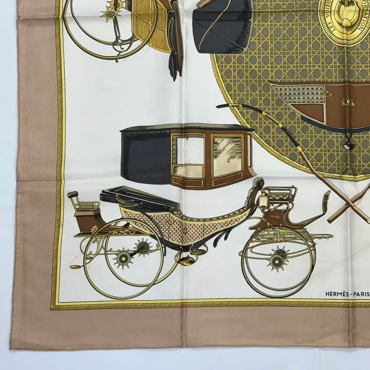 Hermes Carre 90 Silk Scarf les Voitures a Transformation Folding Top Carriage — view 5