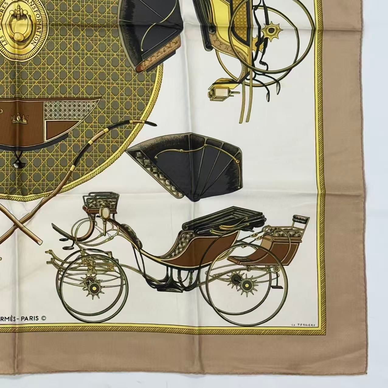 Hermes Carre 90 Silk Scarf les Voitures a Transformation Folding Top Carriage — view 4