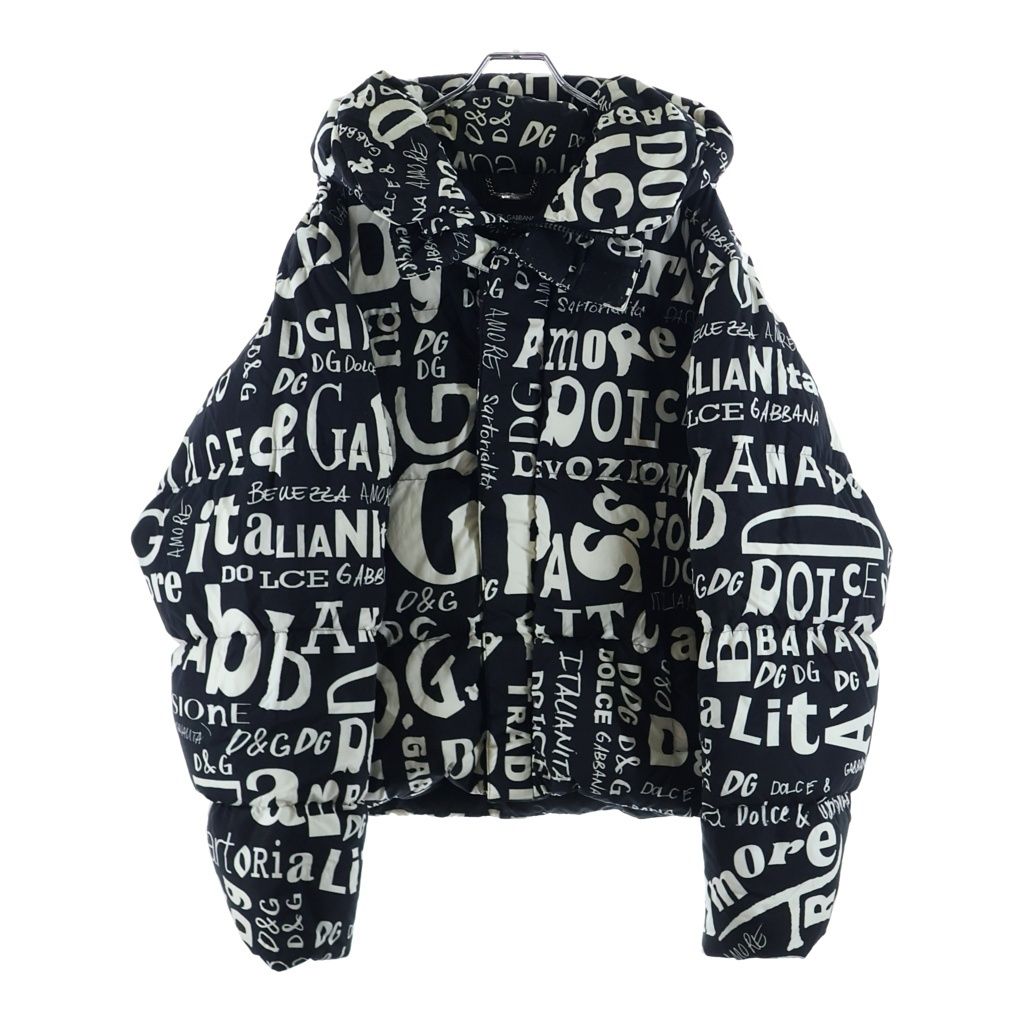 Dolce & Gabbana Letter Ring All Pattern Zip Up Hooded Down Jacket Black White