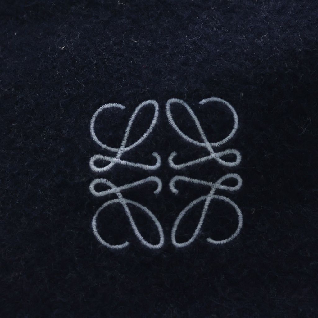 Loewe Anagram Logo Embroidery Cashmere Blend Wool Fringe Scarf Navy — view 2