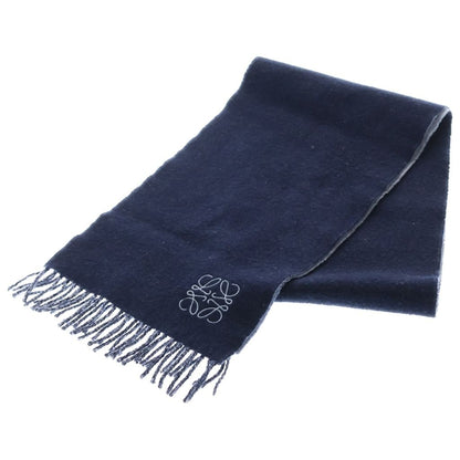 Loewe Anagram Logo Embroidery Cashmere Blend Wool Fringe Scarf Navy