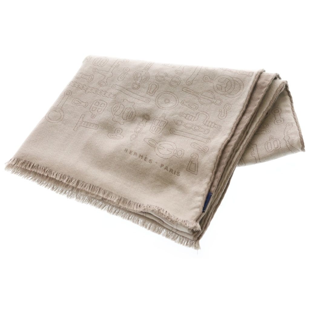 Hermes Large Shawl Horse Tack Pattern Beige Scarf