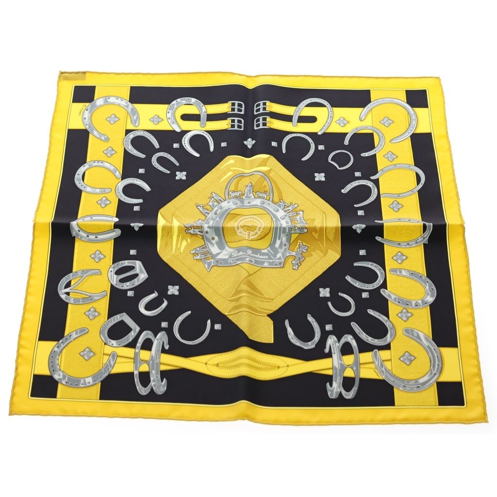 Hermes Carre 45 Porte Bonheur Silk Scarf Black Yellow