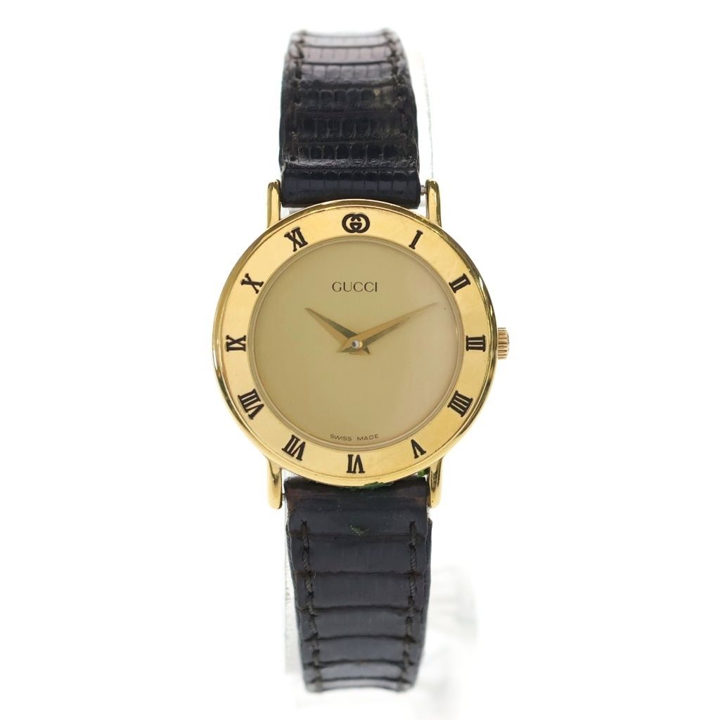 Gucci Leather Gold Dial Two Stitches Watch Black