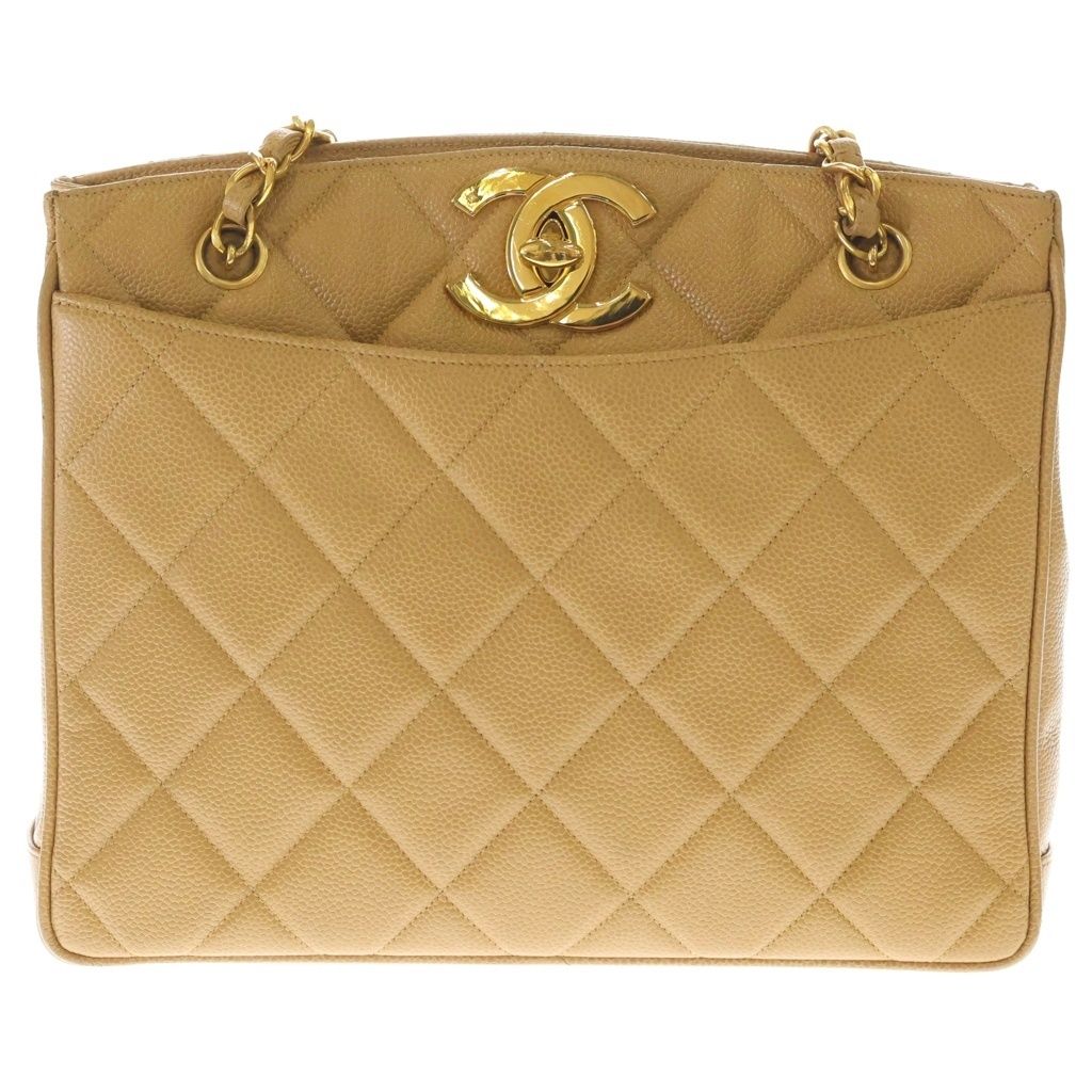 Chanel CC Logo Caviar Leather Quilted Chain Shoulder Bag Beige