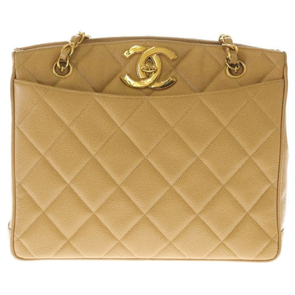 Chanel CC Logo Caviar Leather Quilted Chain Shoulder Bag Beige