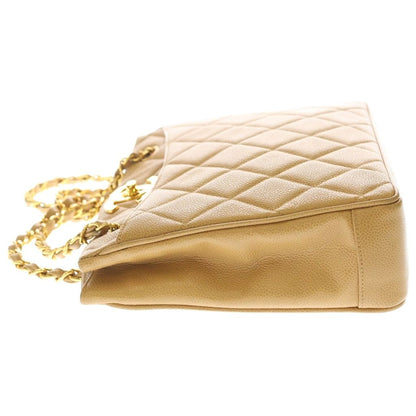Chanel CC Logo Caviar Leather Quilted Chain Shoulder Bag Beige — view 3