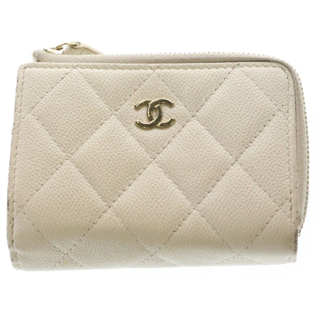 Chanel Zip Around Mini Wallet Coin Case White Caviar Leather Gold