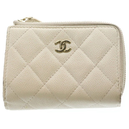 Chanel Zip Around Mini Wallet Coin Case White Caviar Leather Gold